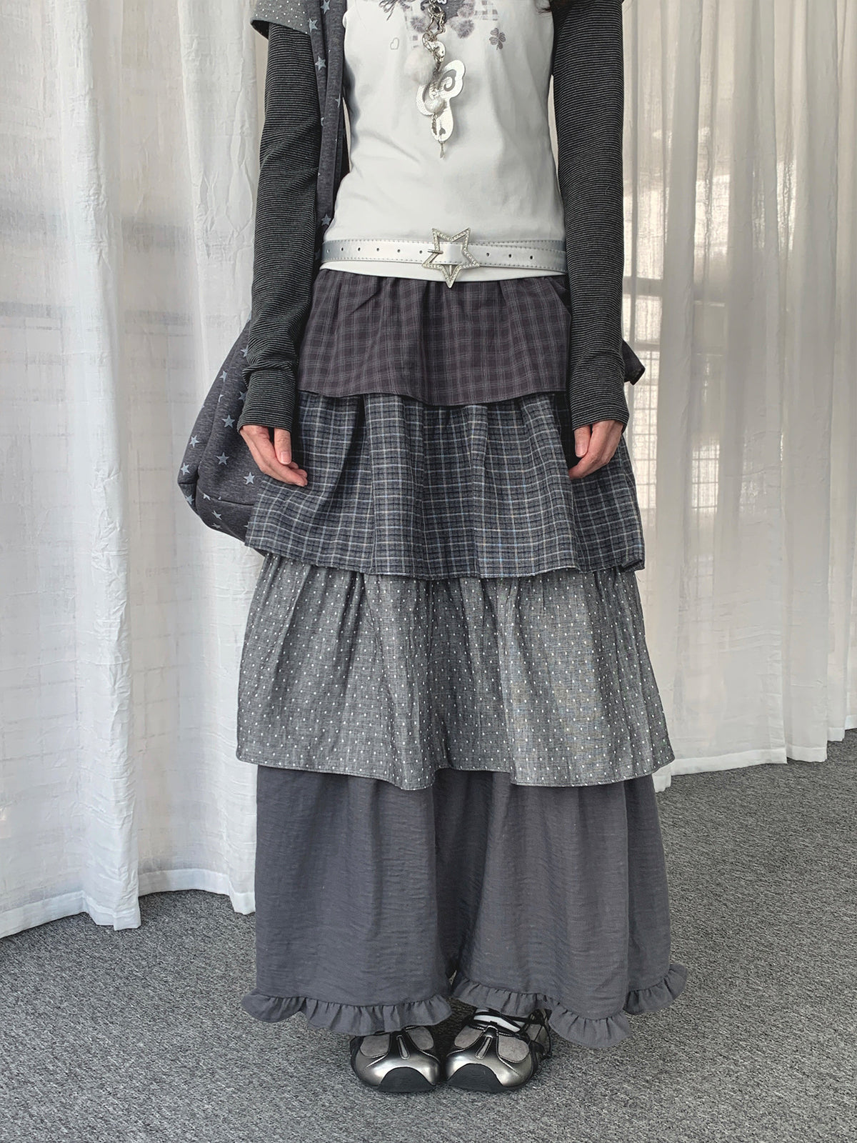 Layered Plaid Polka Dot Tiered Maxi Skirt