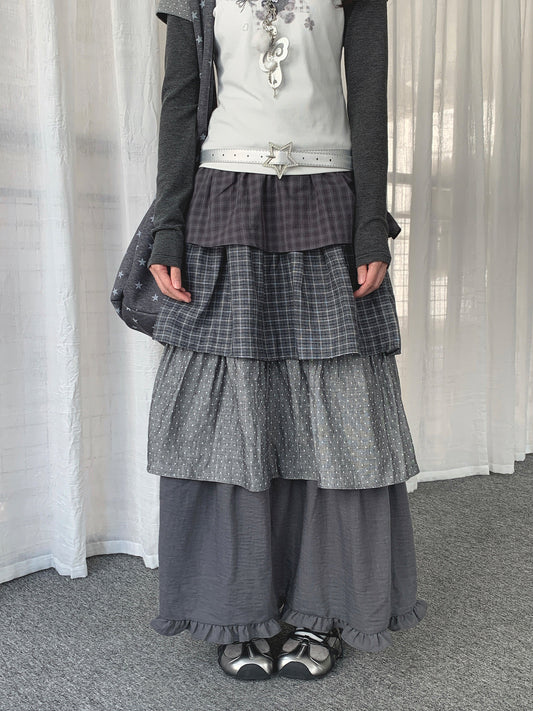 Layered Plaid Polka Dot Tiered Maxi Skirt