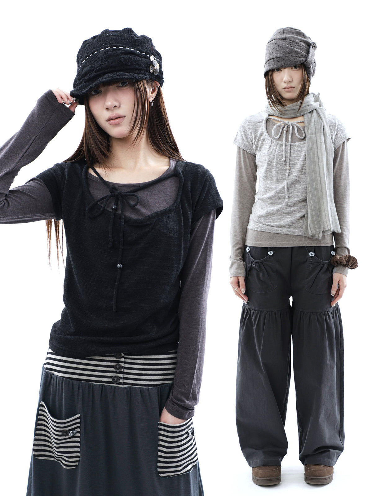 Tie-Front Textured Top & Long Sleeve Two-Piece Set