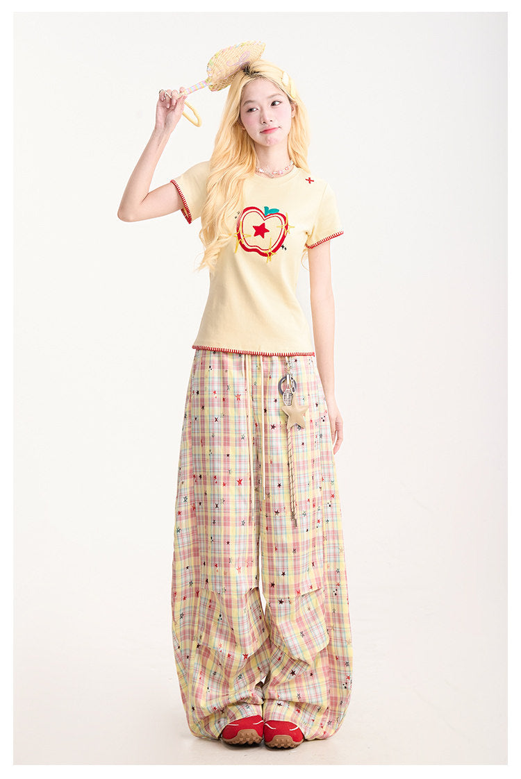 Embroidered Apple Contrast-Stitch Fitted Tee