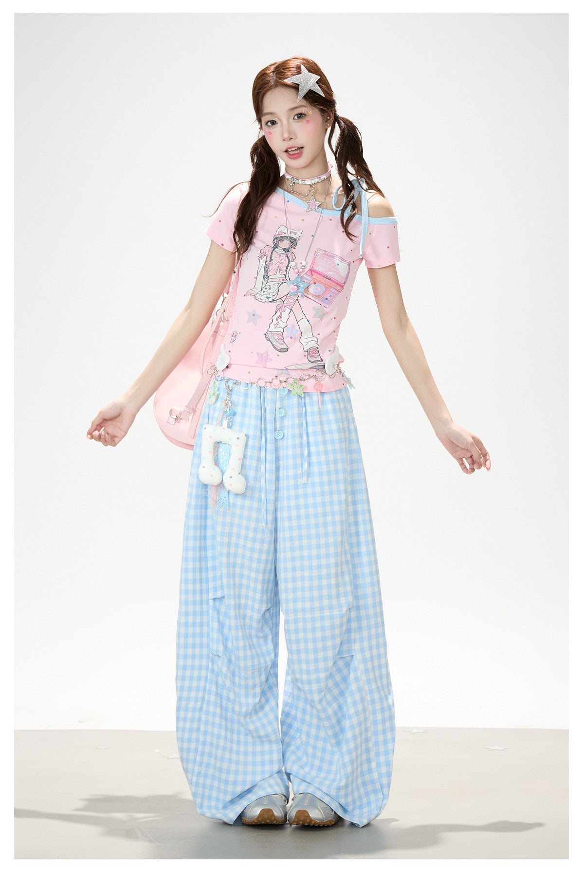 Gingham Oversized Wide-Leg Cargo Pants
