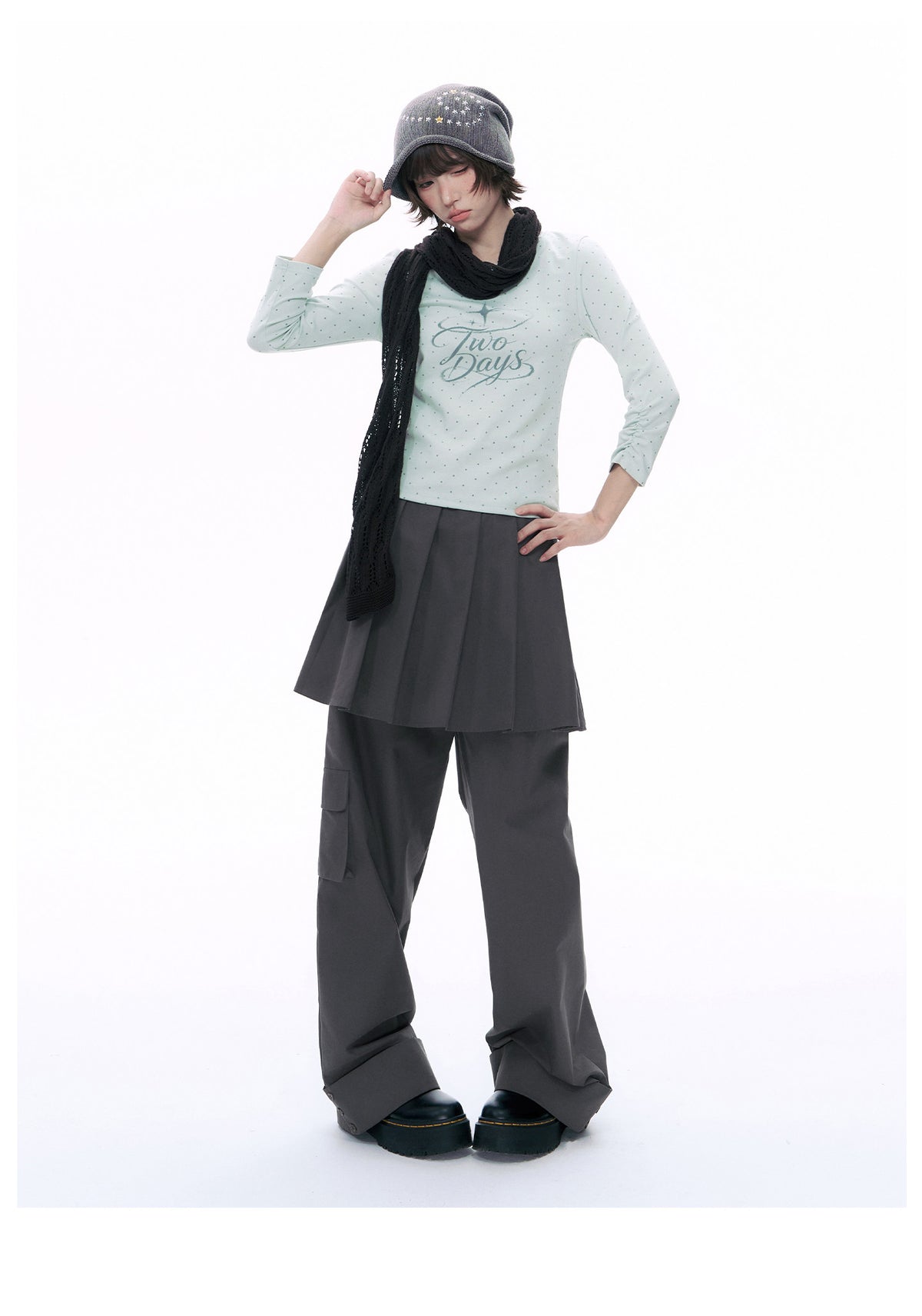 Pleated Skirt-Overlay Cargo Wide-Leg Pants
