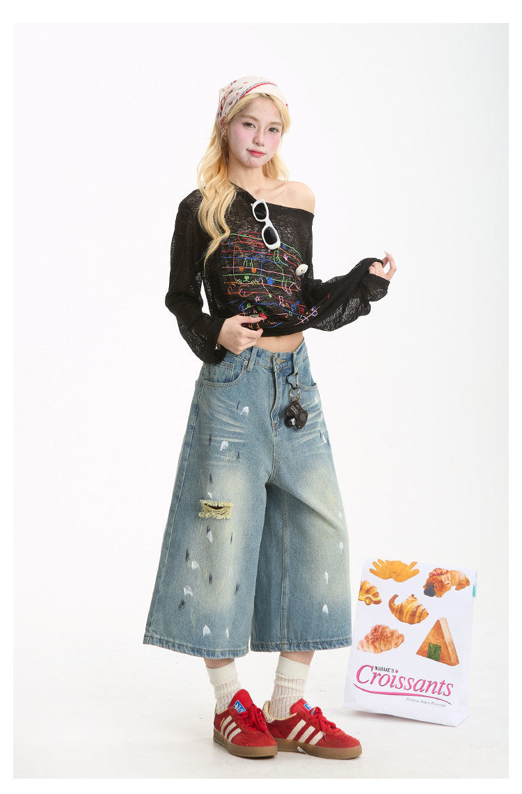 Cat & Puppy Sheer Graphic Long Sleeve Top
