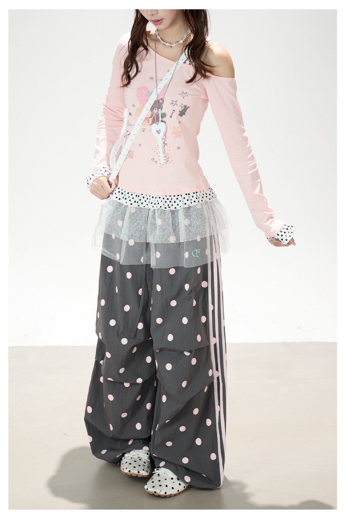 Dreamy Cartoon Off-Shoulder Layered Long Sleeve Top & Polka Dot Wide-Leg Pants