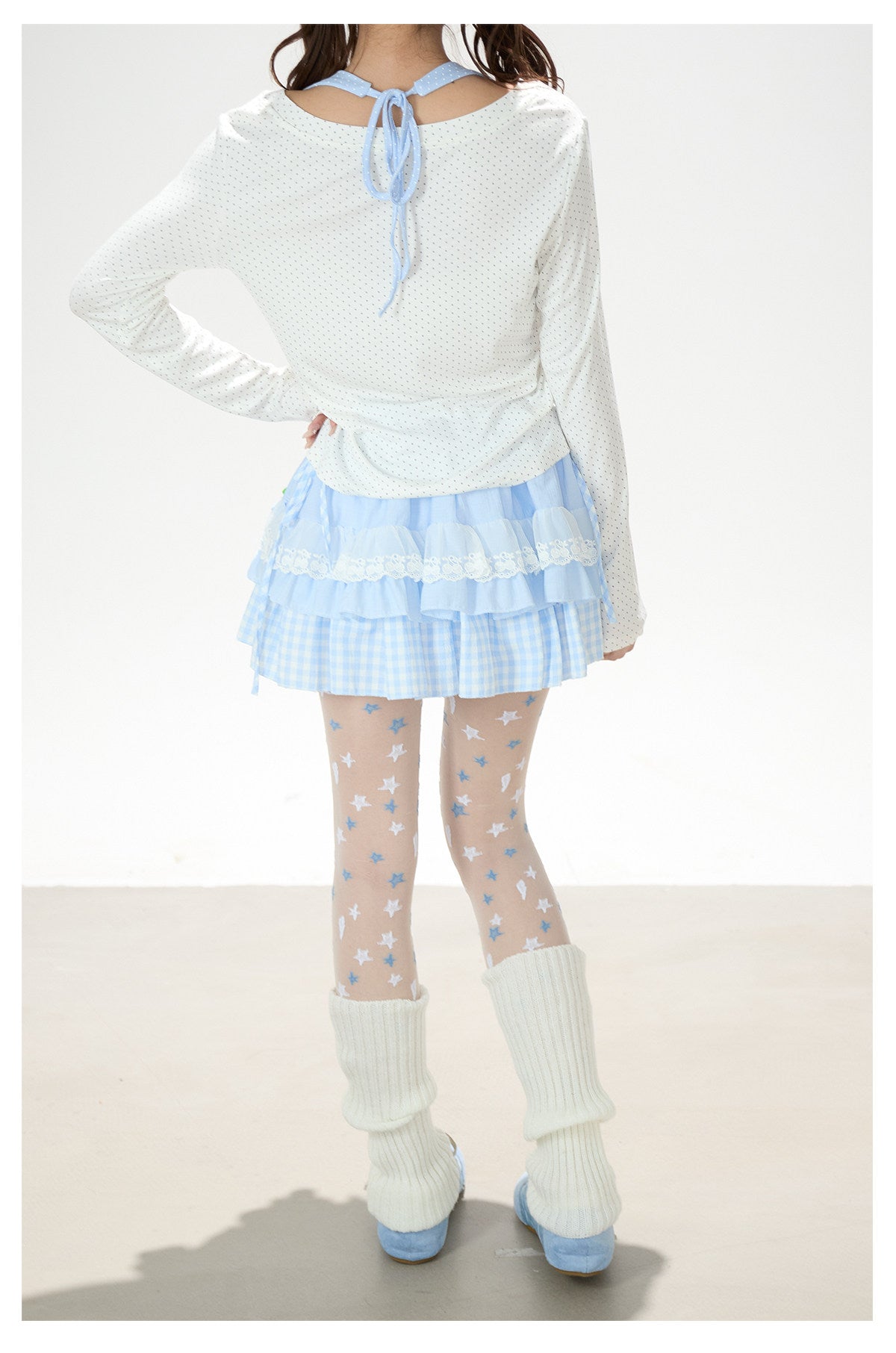 Dreamy Dolphin Polka-Dot V-Neck Long Sleeve Top & Gingham Ruffle Mini Skirt