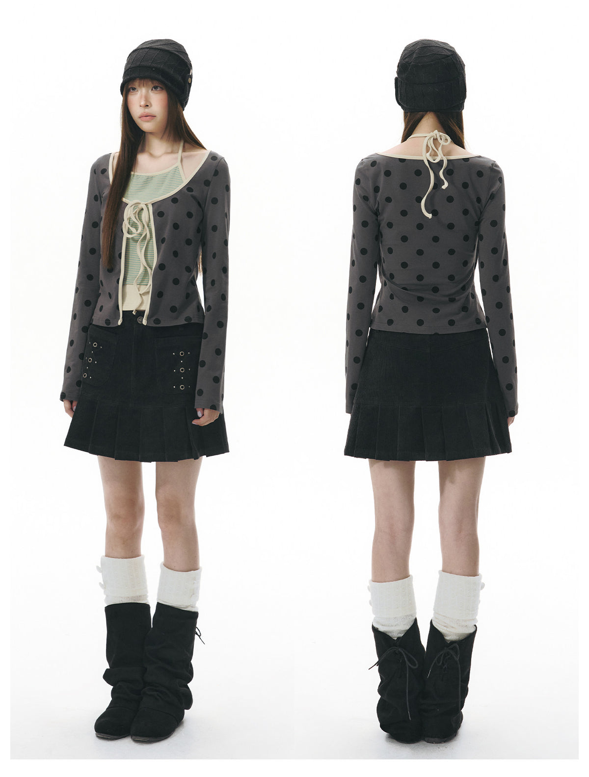 Polka Dot Tie-Front Layered Halter Long Sleeve Top