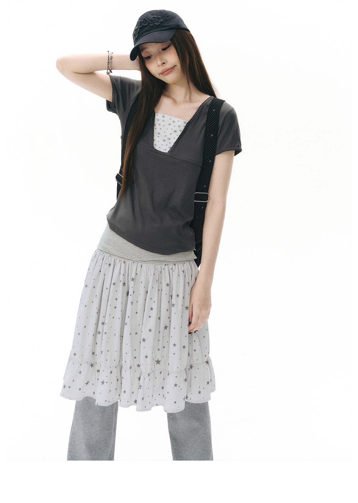 Star Print Striped-Waist Ruffle Midi Skirt