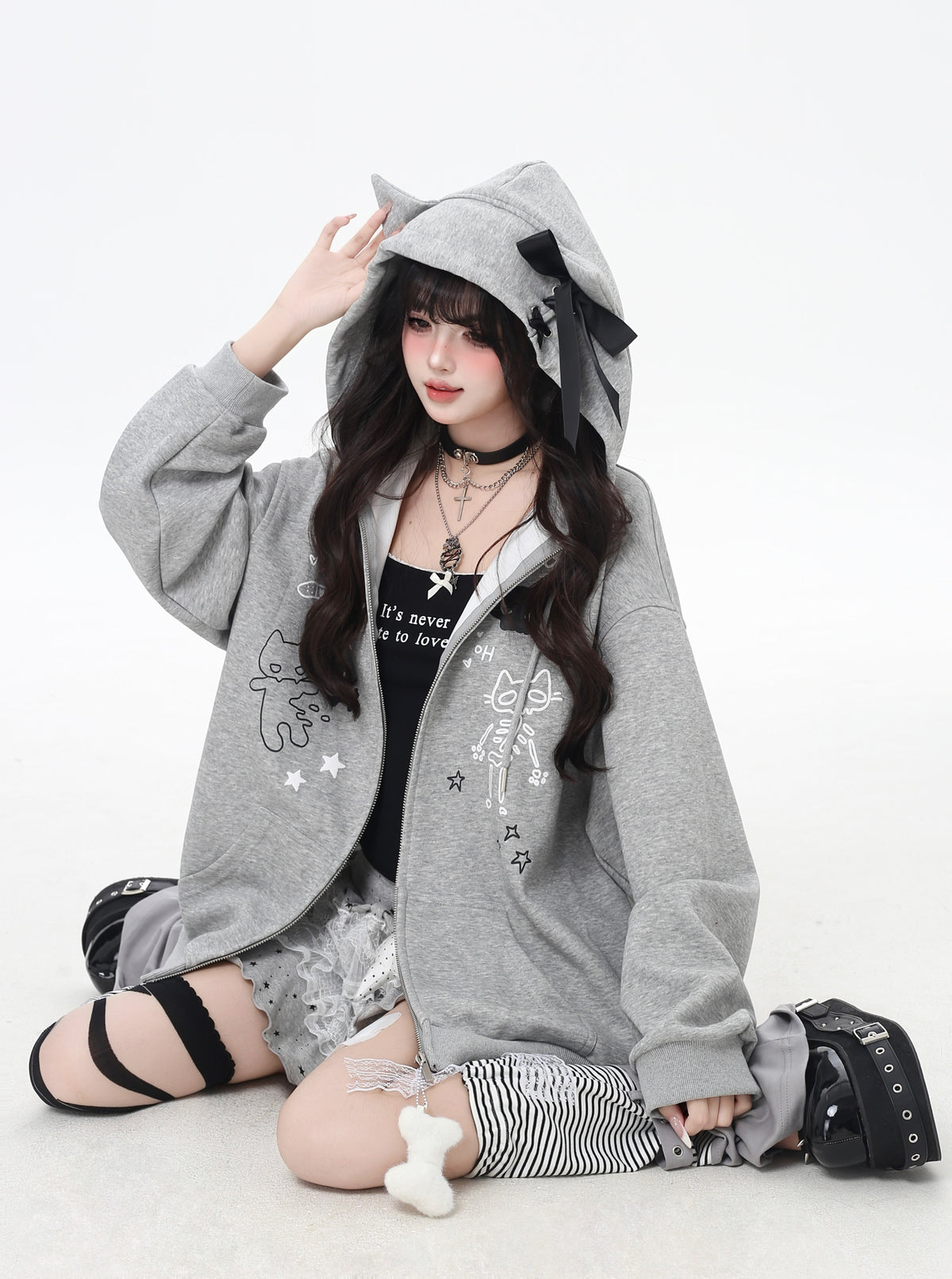Cat Ear Bow Graphic Zip Hoodie