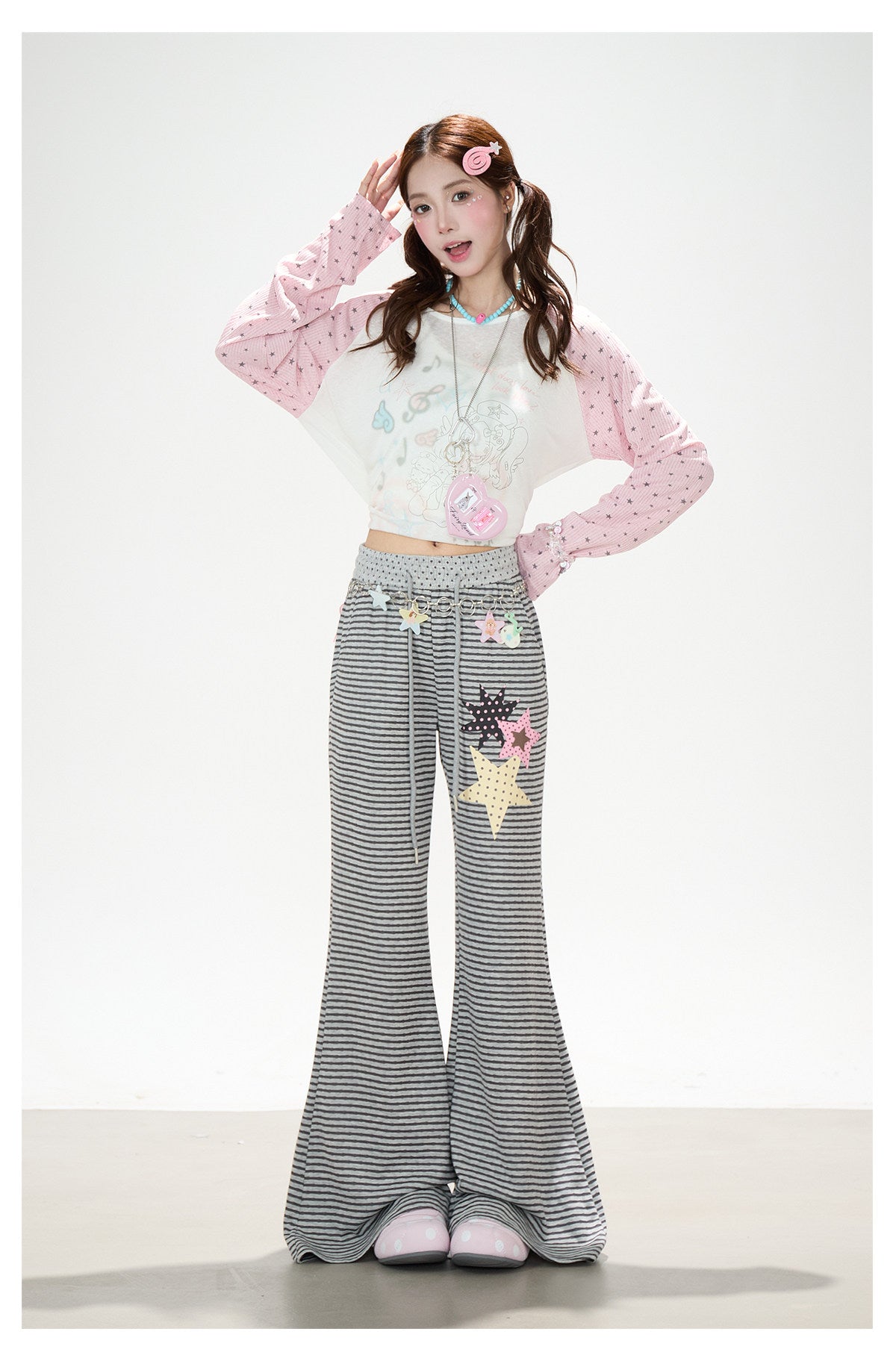 Dreamy Star Raglan Long Sleeve Top & Gray Striped Star Flare Pants