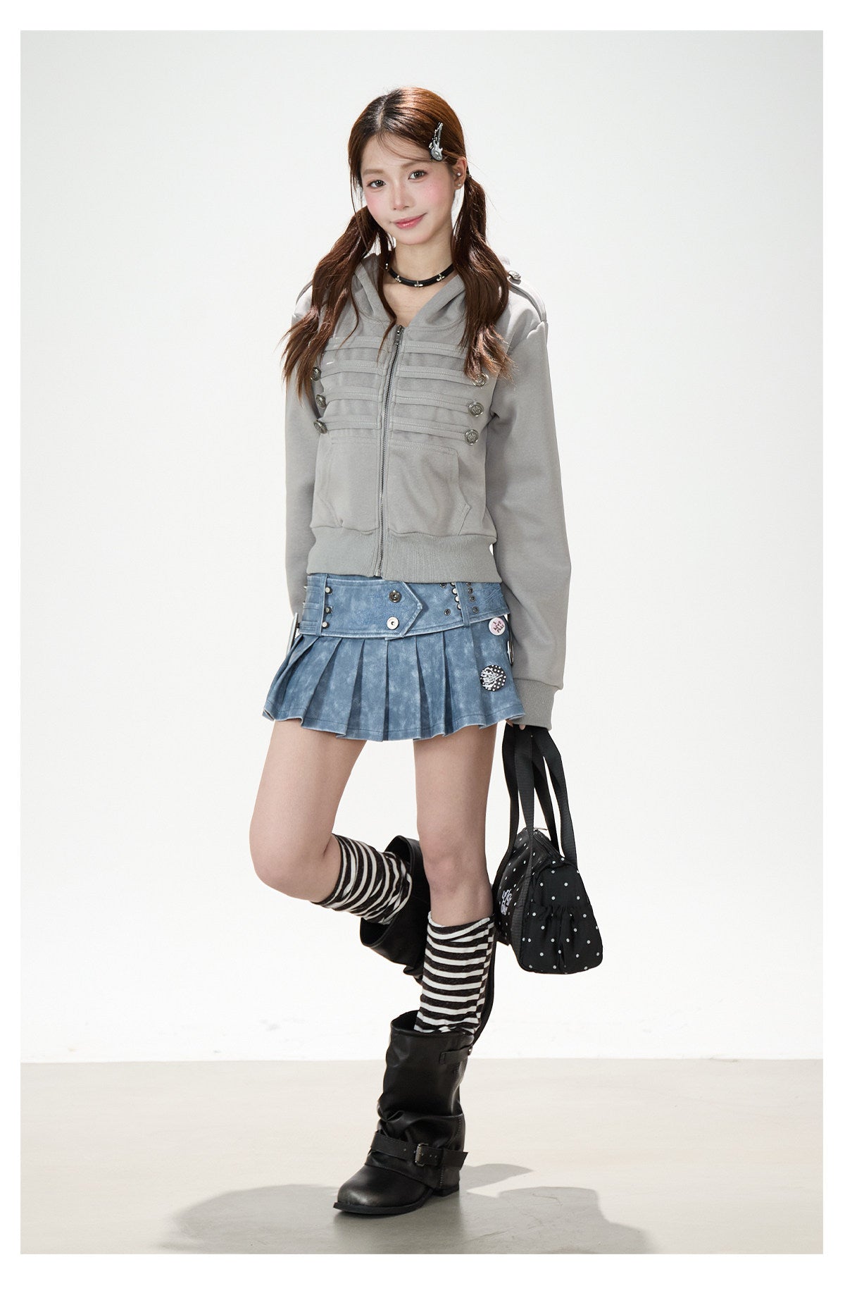 Utility Button Zip-Up Hoodie & Blue Pleated Mini Skirt