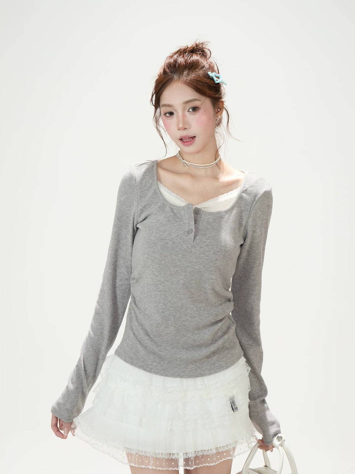 Faux-Layered V-Neck Long Sleeve Top & Ruffle Mini Skirt