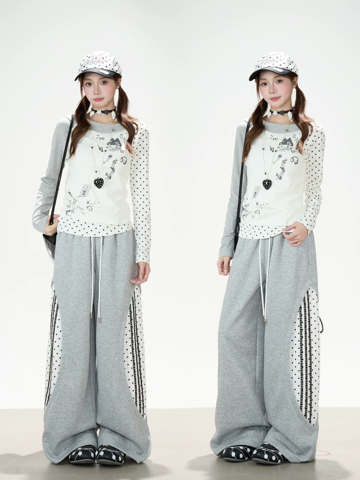 Star Patchwork Layered Long Sleeve Top & Gray Polka-Dot Wide-Leg Pants