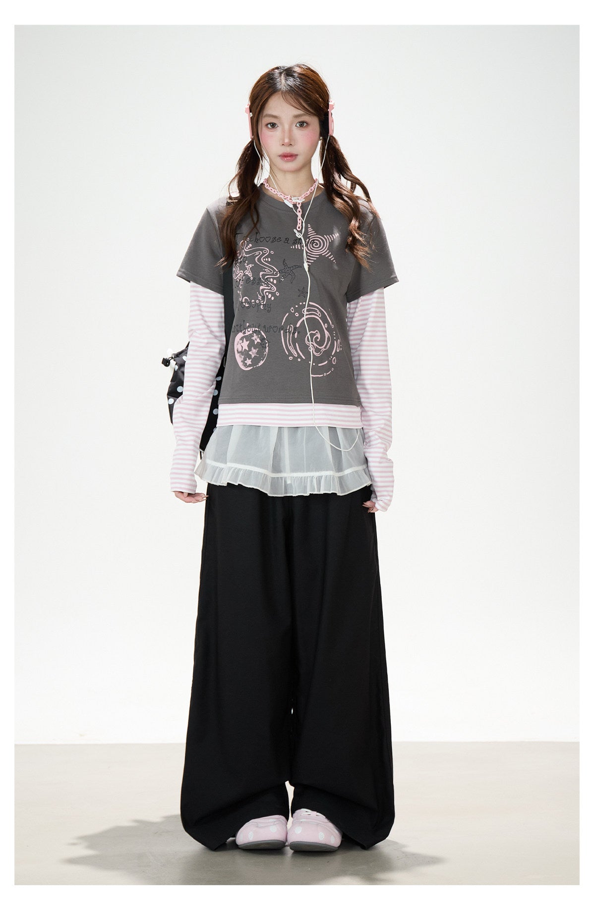 Graffiti Layered Long Sleeve Top & Black Wide-Leg Pants
