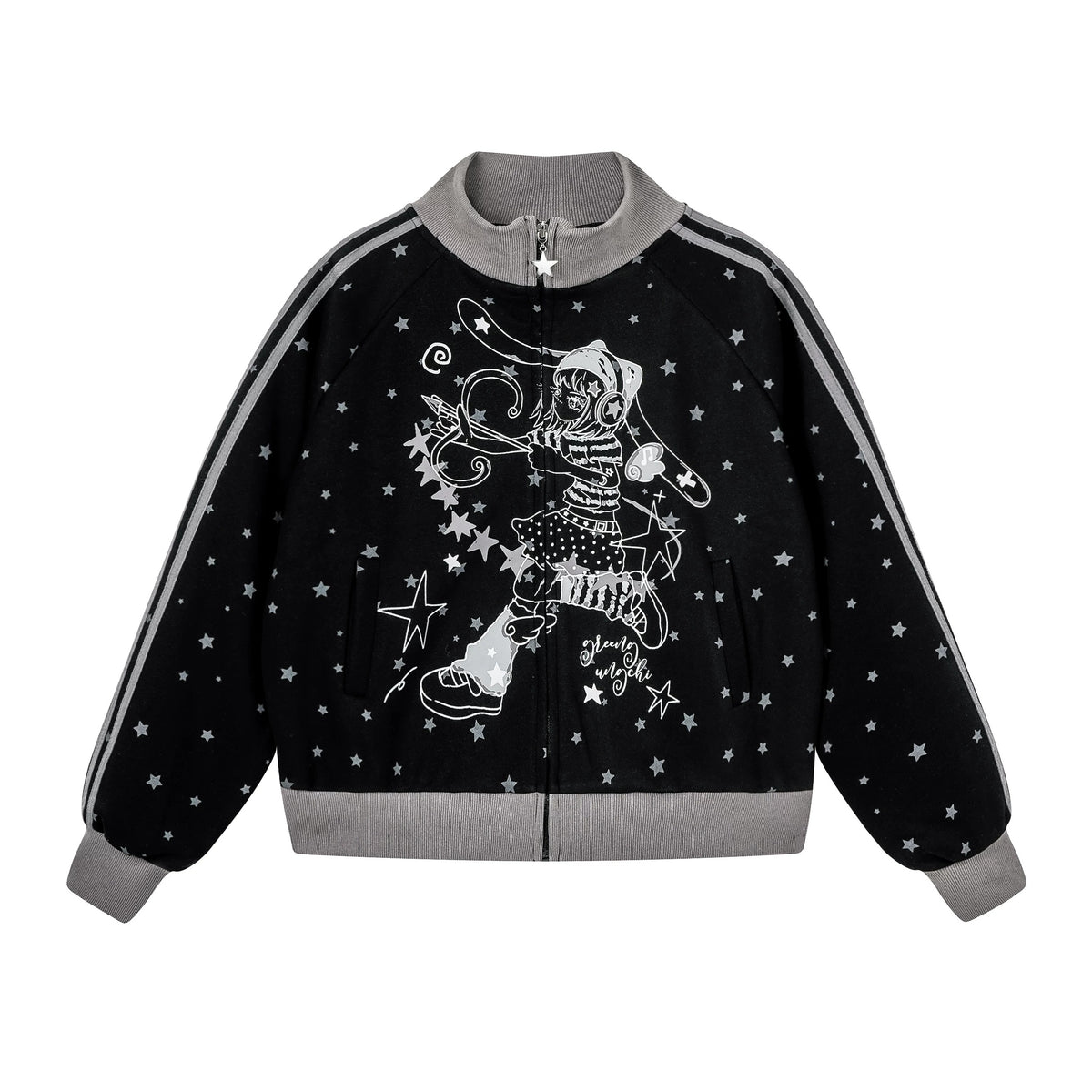 Star Girl Graphic Stand-Collar Jacket & Gray Layered Mini Skirt