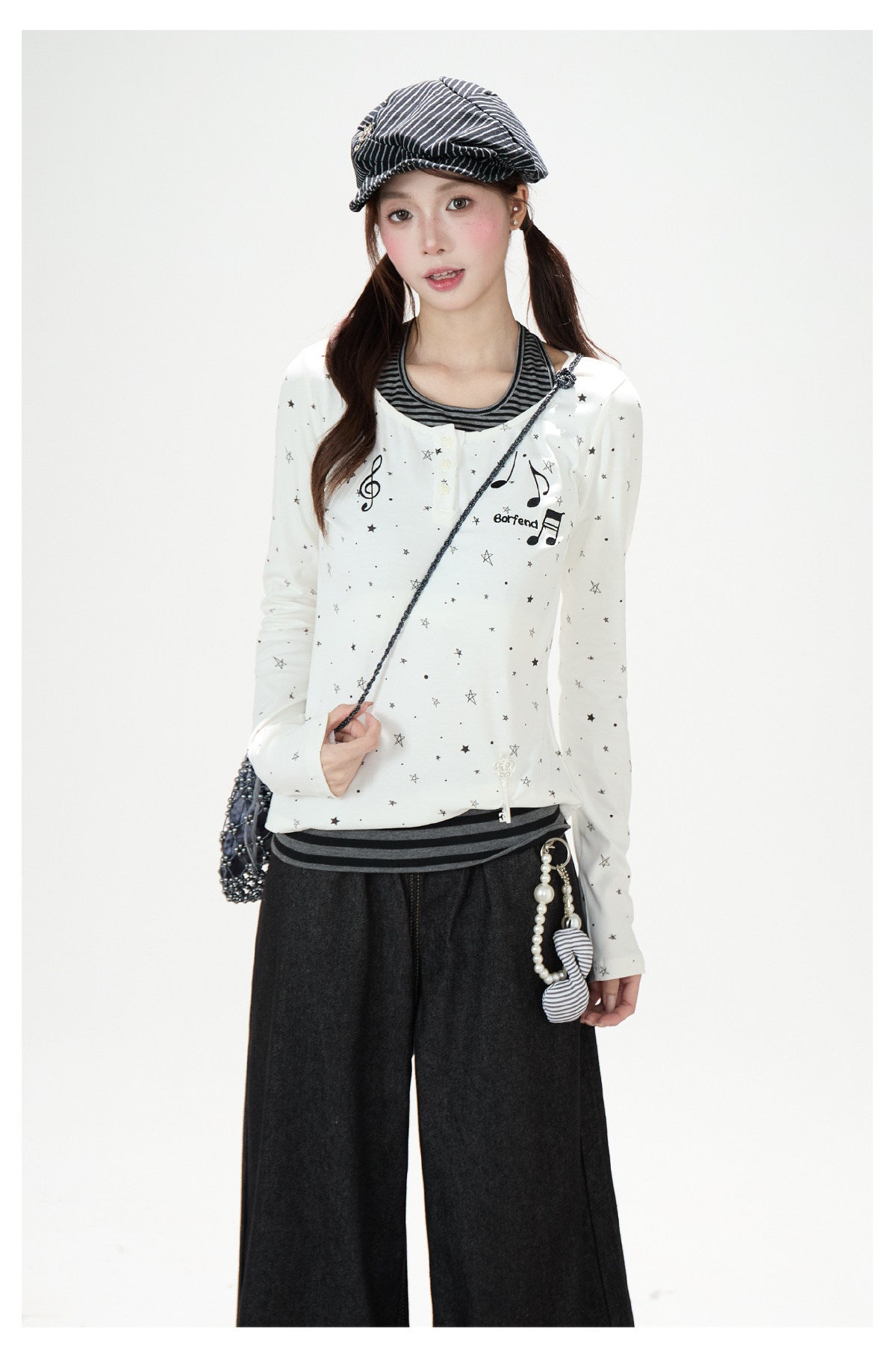Star Music Note Halter Layered Long Sleeve Top & Black Wide-Leg Pants