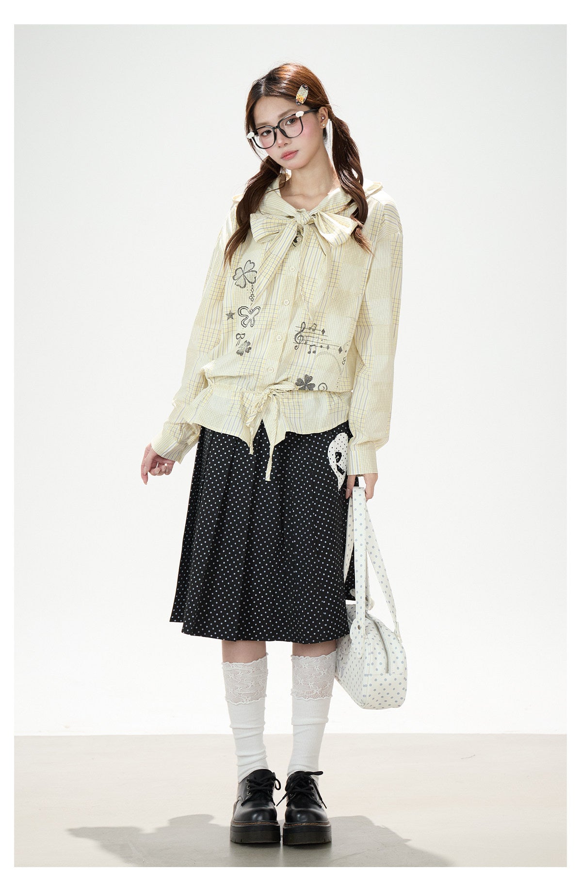 Plaid Hooded Long Sleeve Shirt & Black Polka-Dot Midi Skirt
