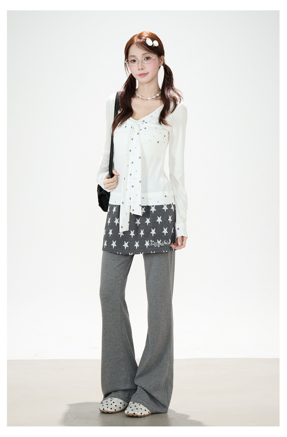 Star Bow-Tie Long Sleeve Top & Star Skirt-Layer Stripe Flared Pants