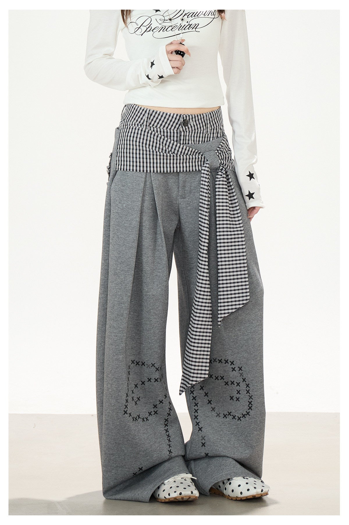Plaid Tie-Panel Wide-Leg Sweatpants