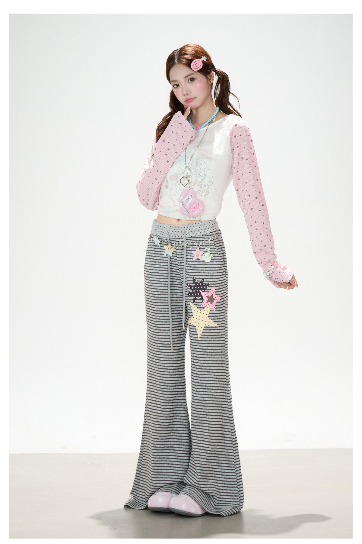 Dreamy Star Raglan Long Sleeve Top & Gray Striped Star Flare Pants
