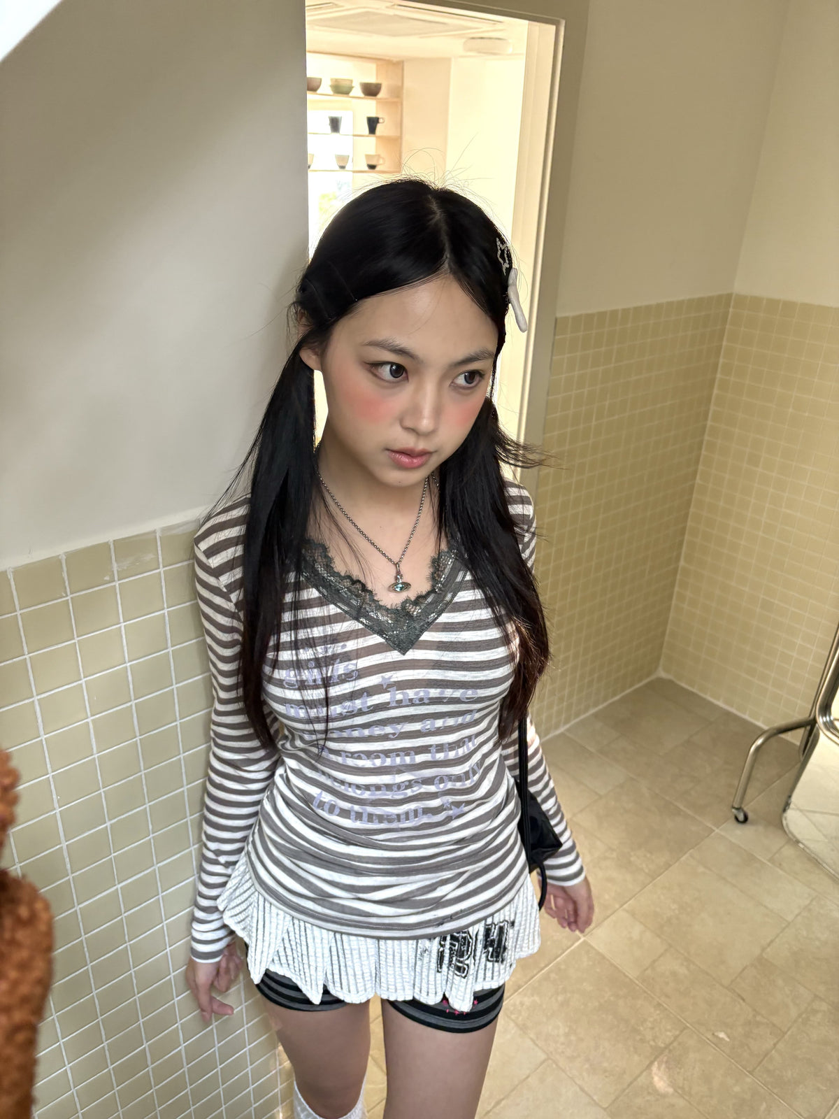 Gray Stripe Lace V-Neck Graphic Long Sleeve Tee