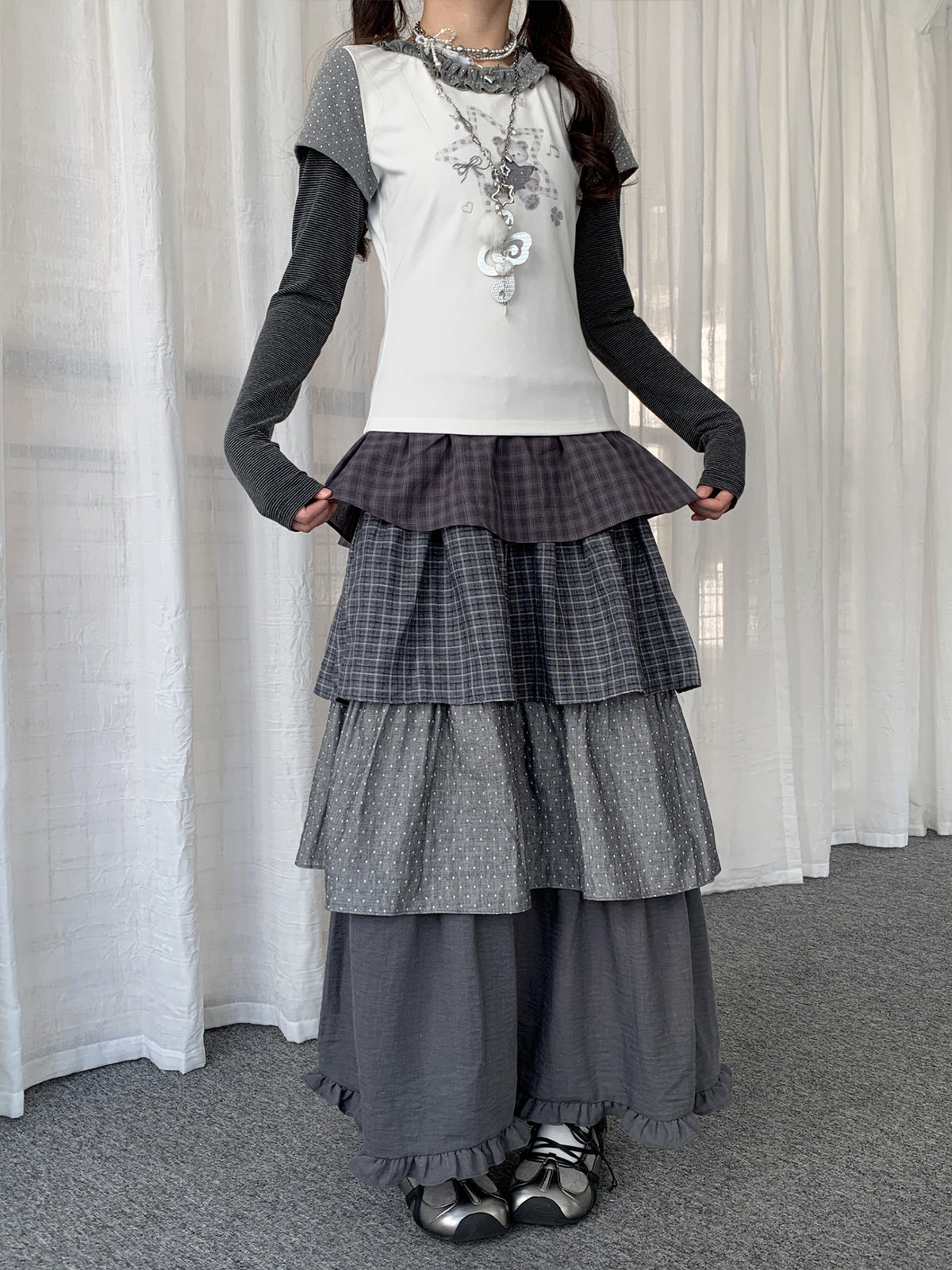 Layered Plaid Polka Dot Tiered Maxi Skirt