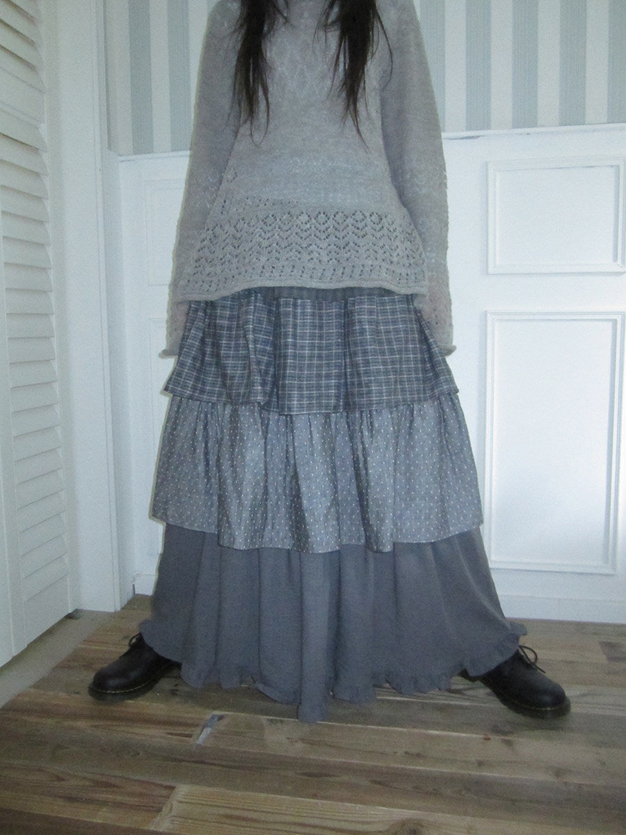 Layered Plaid & Polka Dot Tiered Maxi Skirt