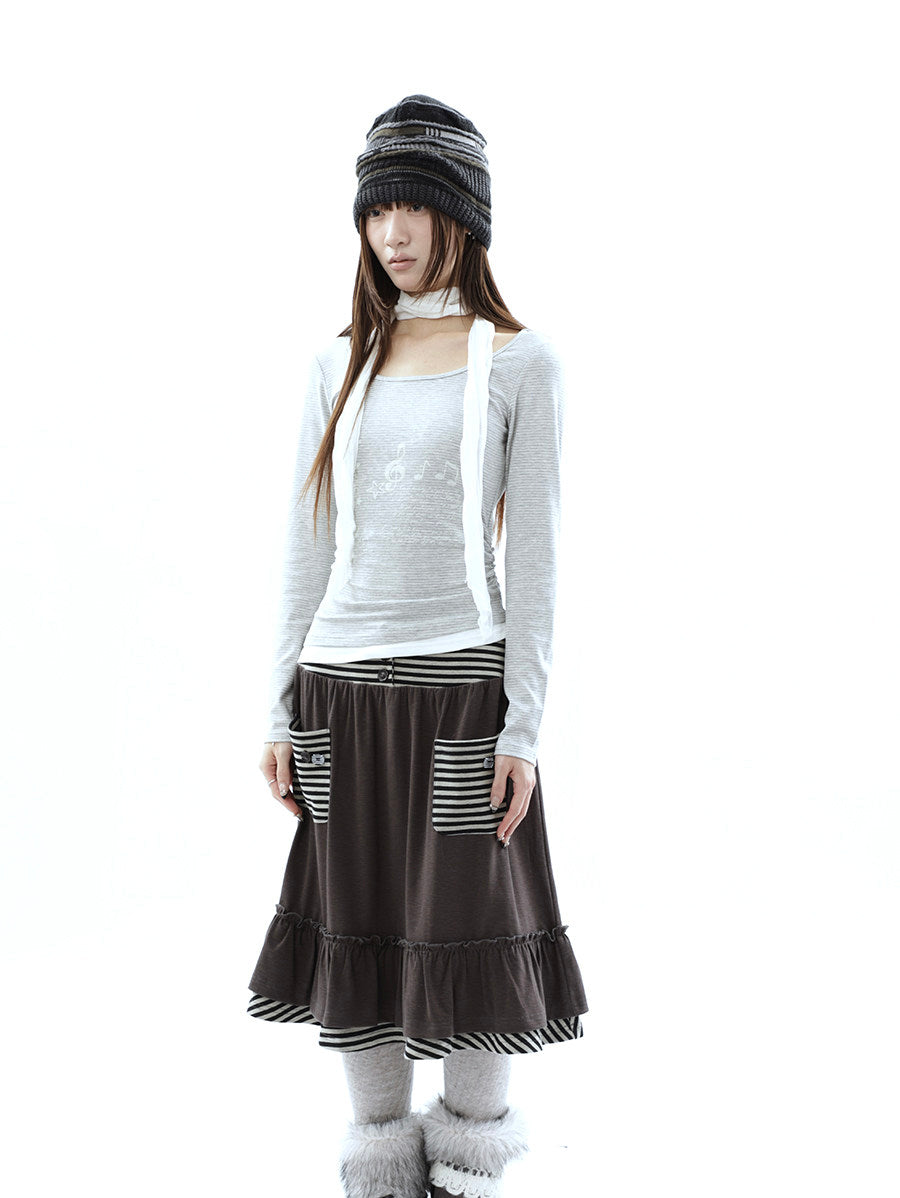 Music Note Striped Layered Long Sleeve Top with Scarf