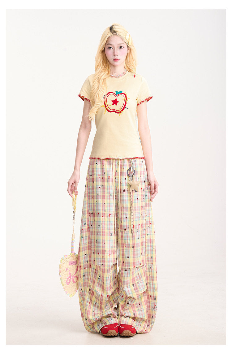 Embroidered Apple Contrast-Stitch Fitted Tee