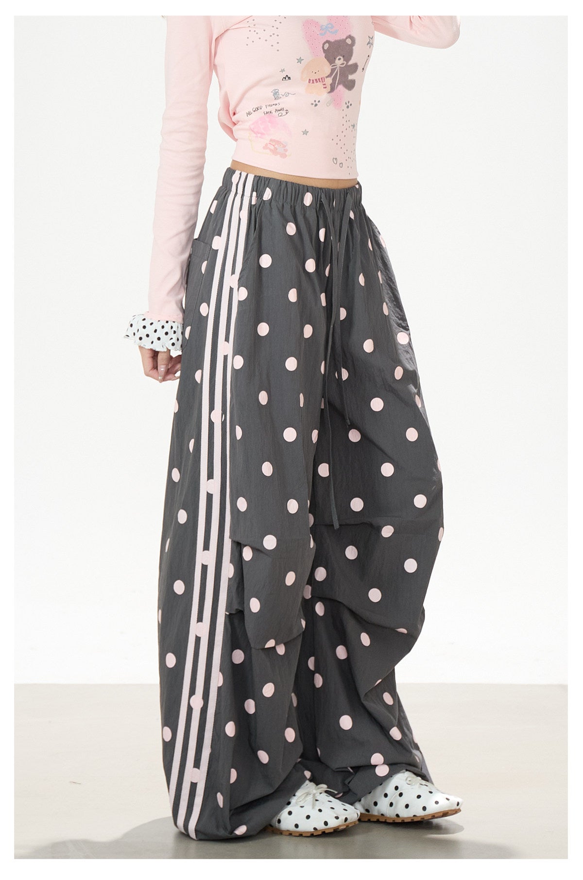 Dreamy Cartoon Off-Shoulder Layered Long Sleeve Top & Polka Dot Wide-Leg Pants