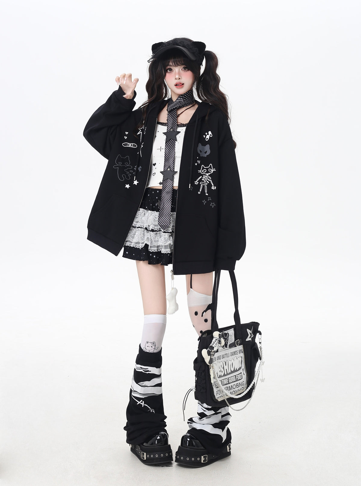 Cat Ear Bow Graphic Zip Hoodie