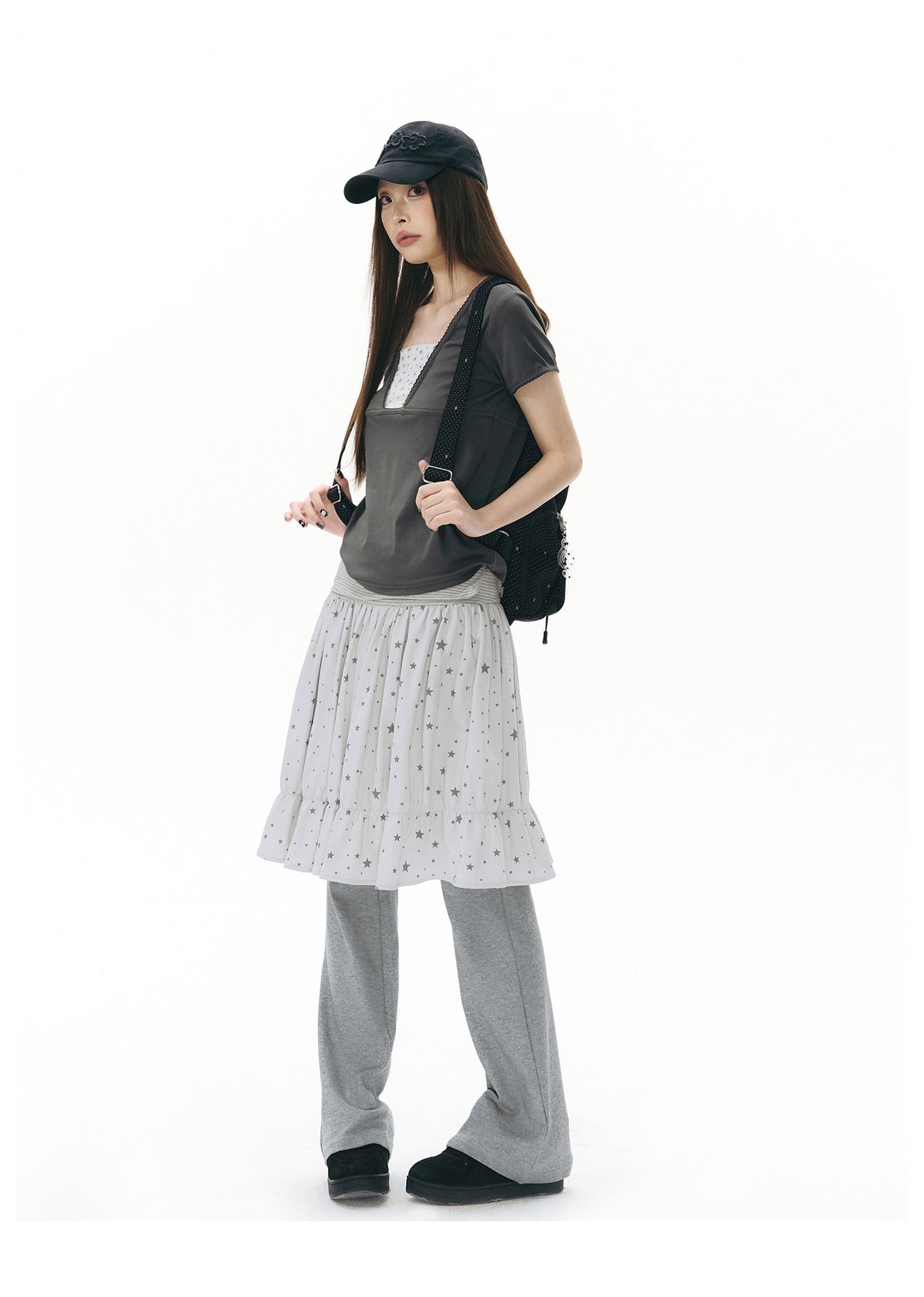 Star Print Striped-Waist Ruffle Midi Skirt