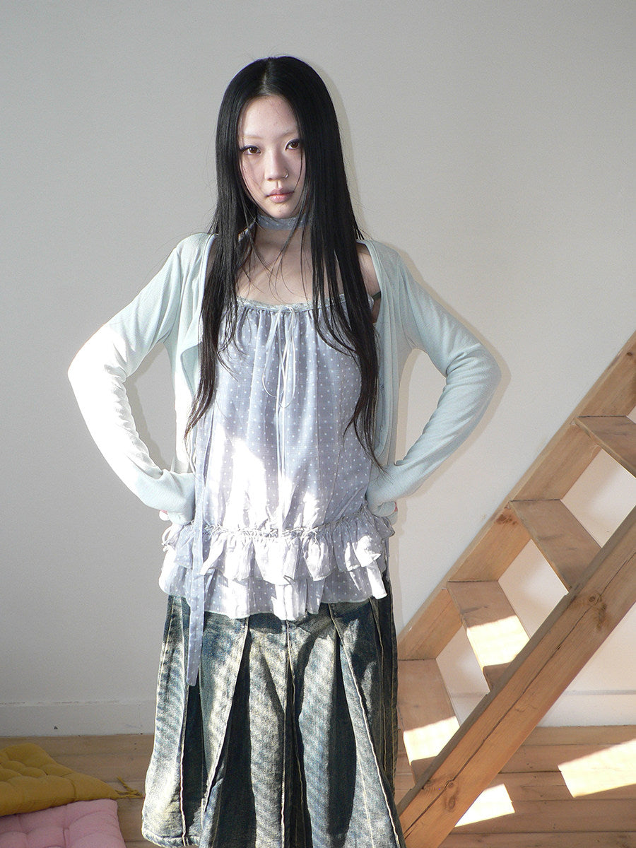 Polka Dot Ruffle Camisole & Cardigan Set with Scarf