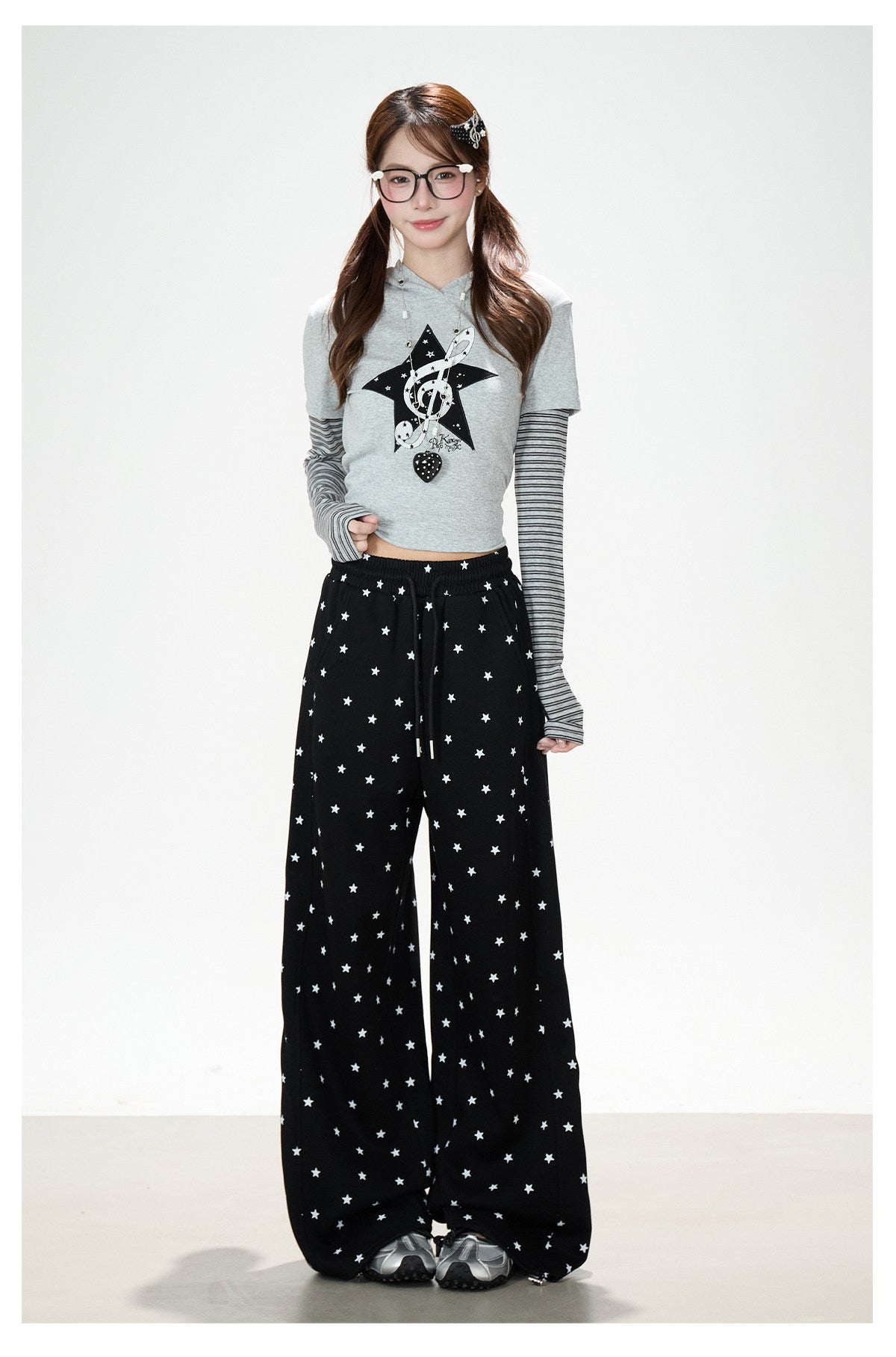 Music Note Star Layered Hoodie Top & Polka Dot Tie-Waist Wide-Leg Pants