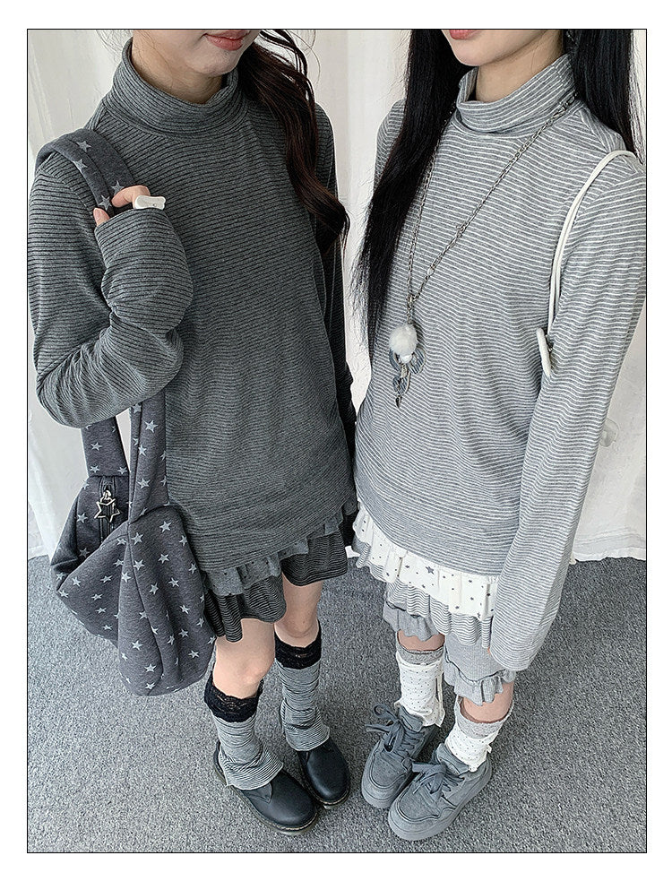 Fine Stripe Mock-Neck Long Sleeve Top
