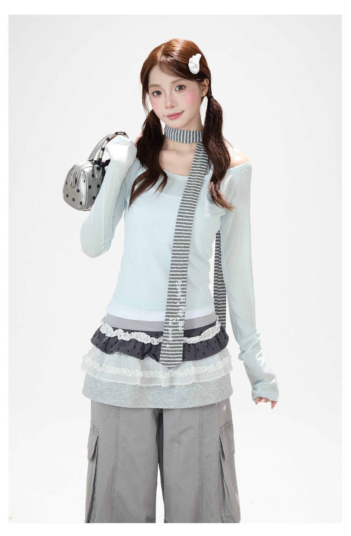 Off-Shoulder Layered Two-Piece Top Set & Gray Wide-Leg Cargo Pants