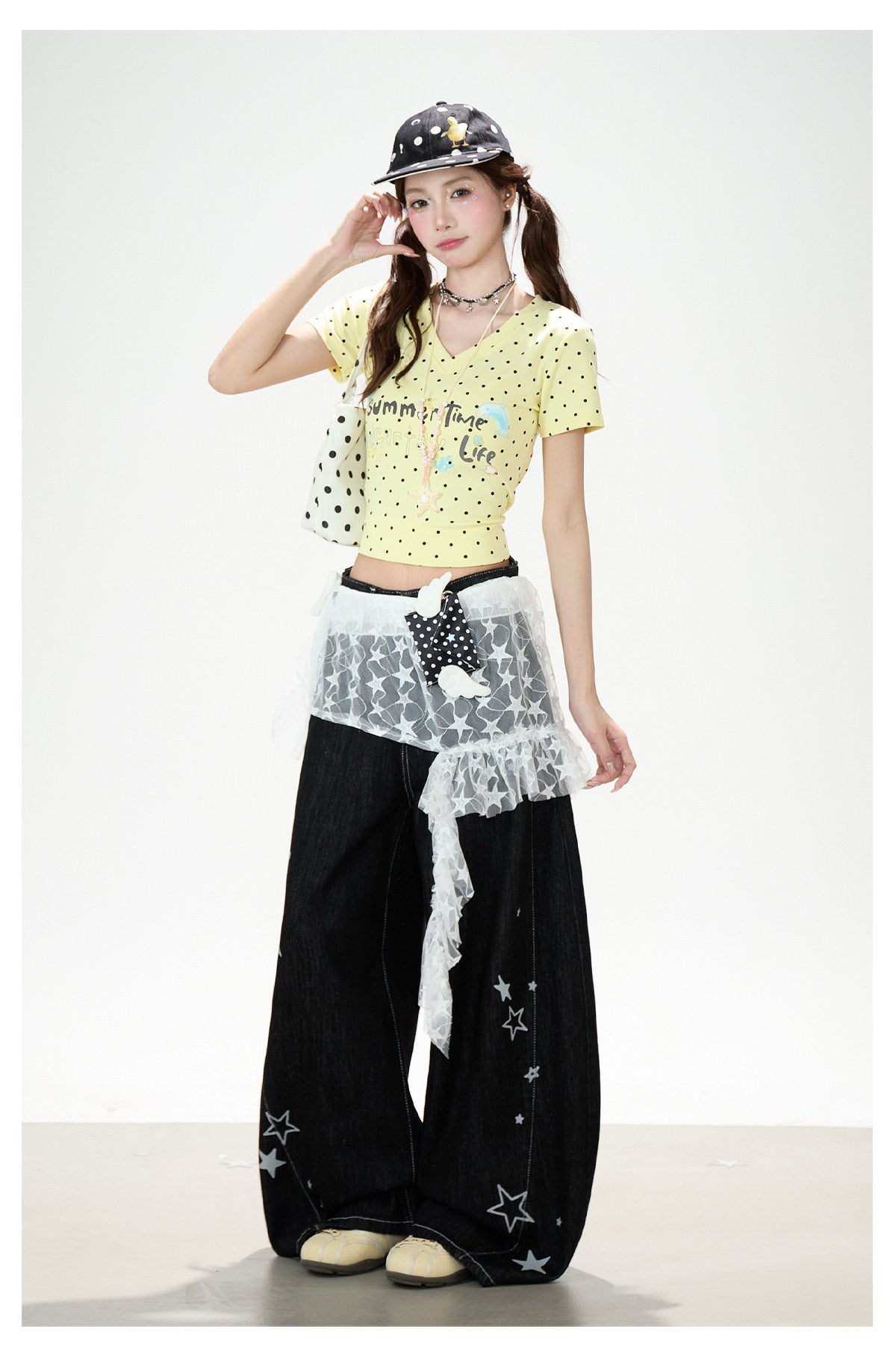 Star Print Lace Layered Wide-Leg Jeans