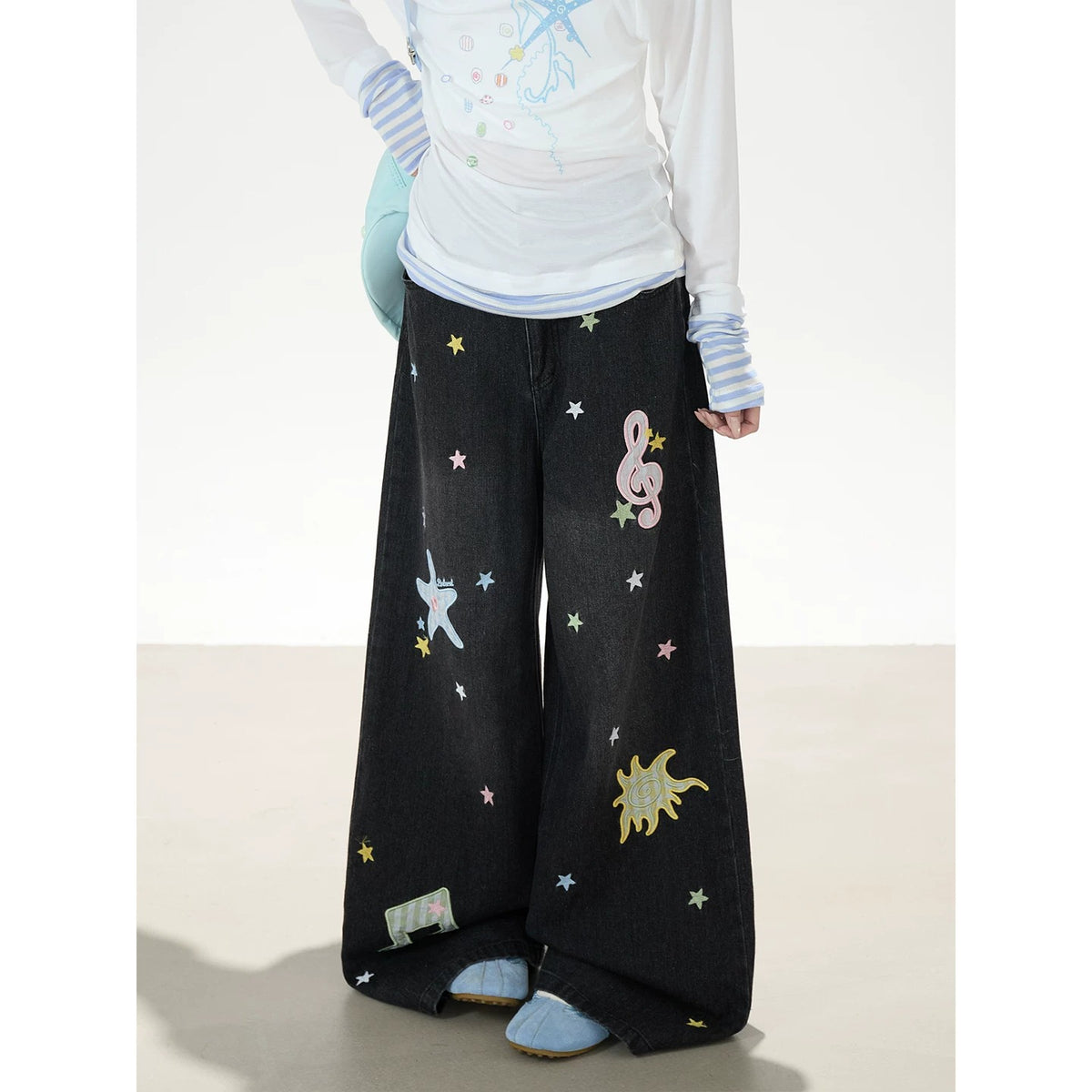 Starfish Stripe Off-Shoulder Layered Long Sleeve Top & Graphic Wide-Leg Pants
