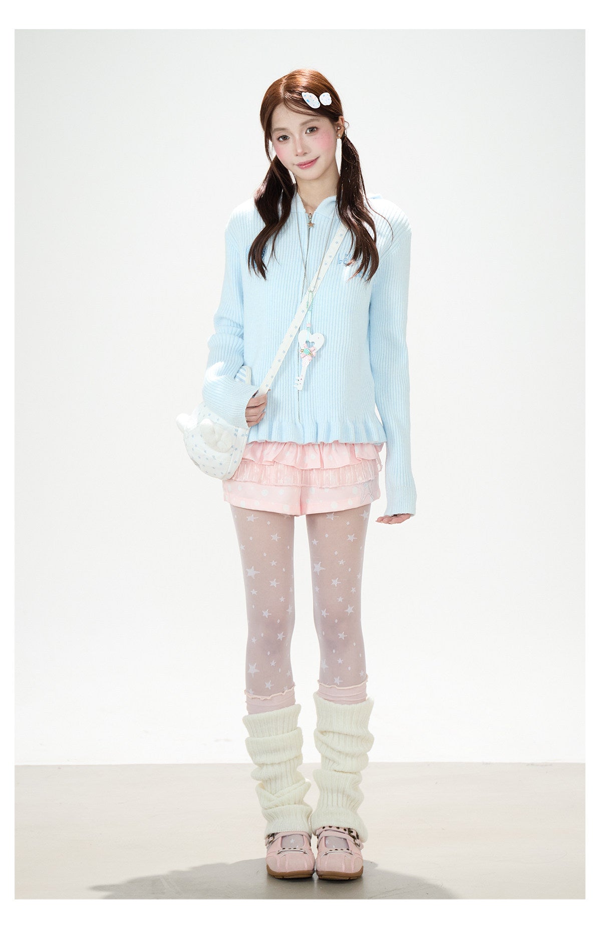 Cat-Ear Hooded Knit Zip Cardigan & Pink Ruffle Shorts