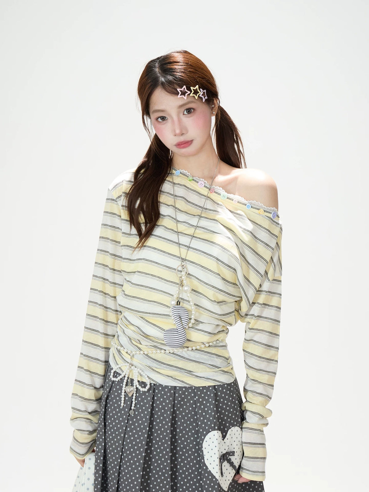 Striped Off-Shoulder Long Sleeve Top & Polka-Dot Midi Skirt