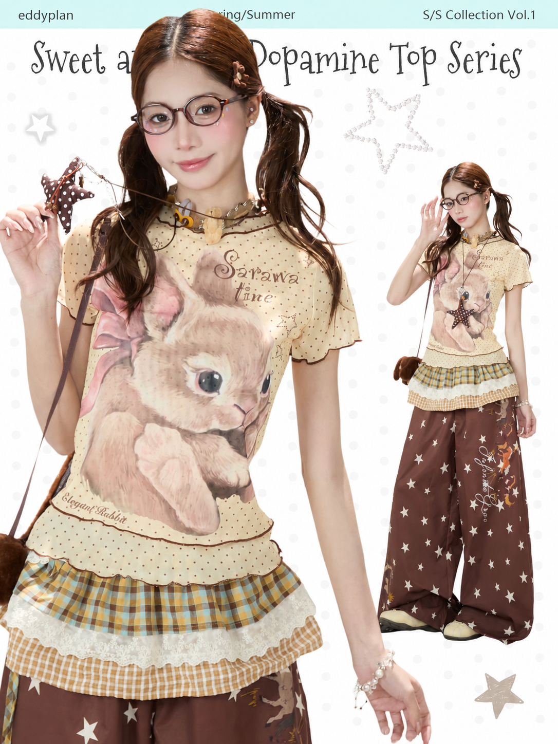 Ribbon Bunny Polka Dot Lettuce-Edge Tee