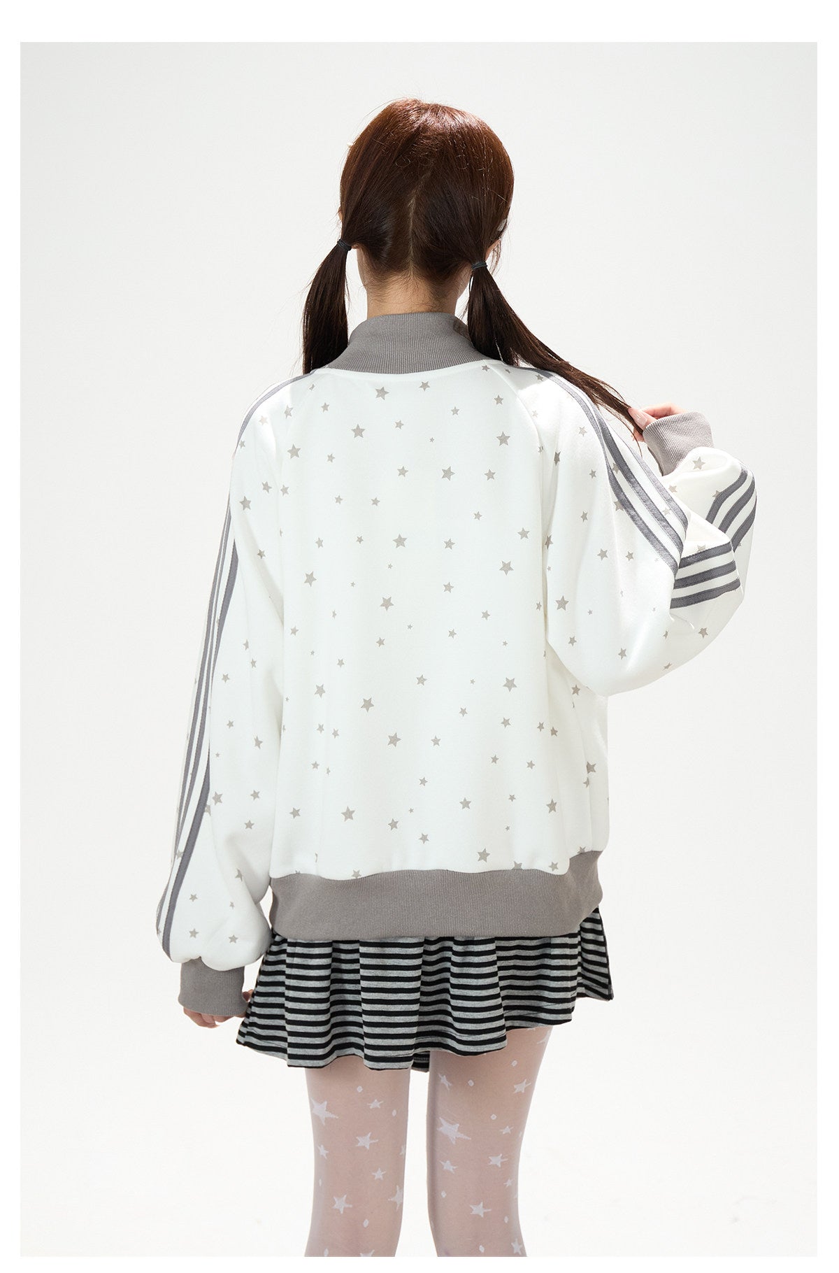 Star Girl Graphic Stand-Collar Jacket & Gray Layered Mini Skirt