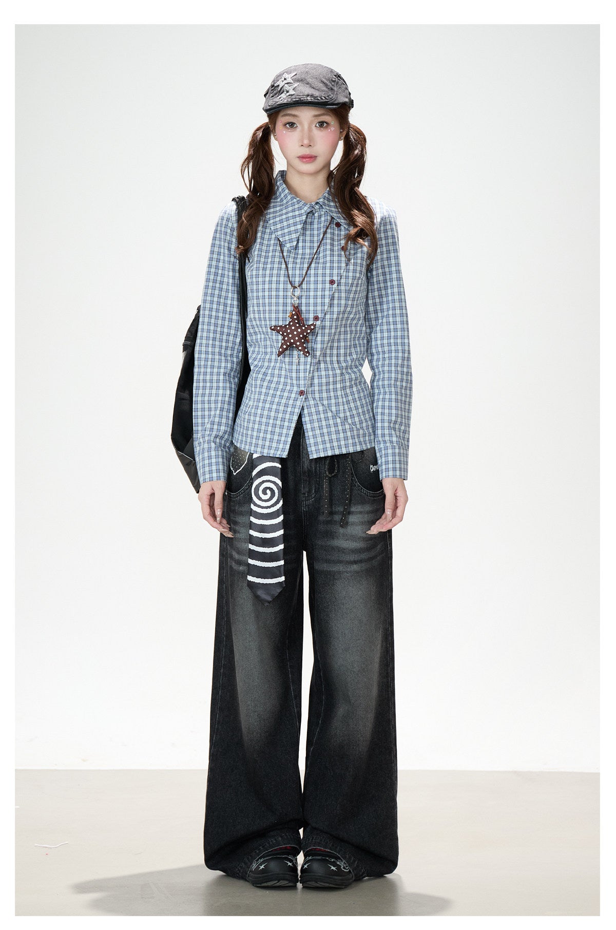 Blue Check Asymmetrical Shirt & Washed Wide-Leg Pants