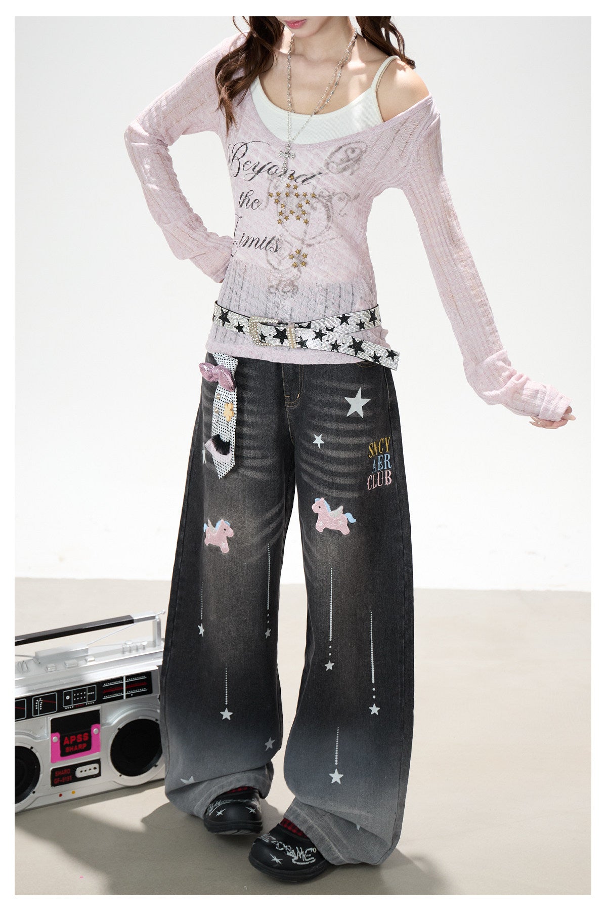 Beyond the Limits Sheer Grid Long Sleeve Top & Pony Star Wide-Leg Jeans