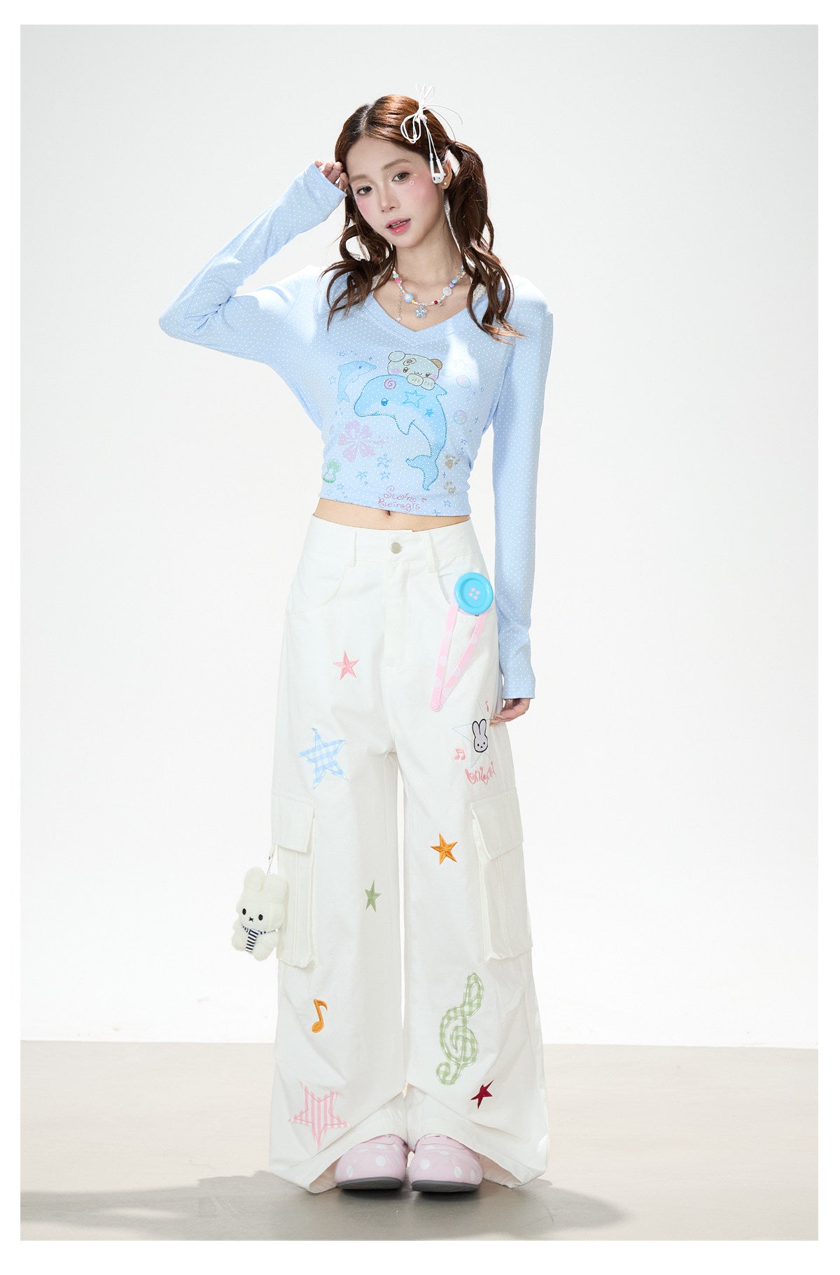 Dreamy Dolphin Polka-Dot V-Neck Long Sleeve Top & Gingham Ruffle Mini Skirt