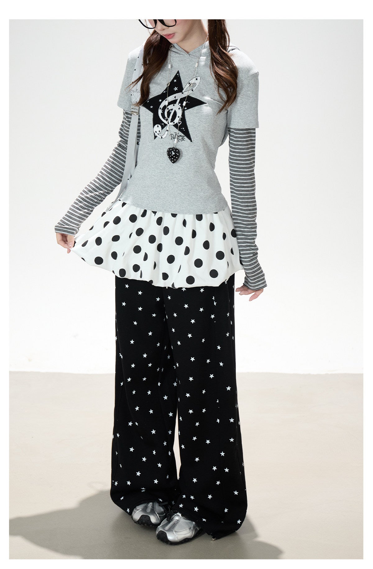 Music Note Star Layered Hoodie Top & Polka Dot Tie-Waist Wide-Leg Pants