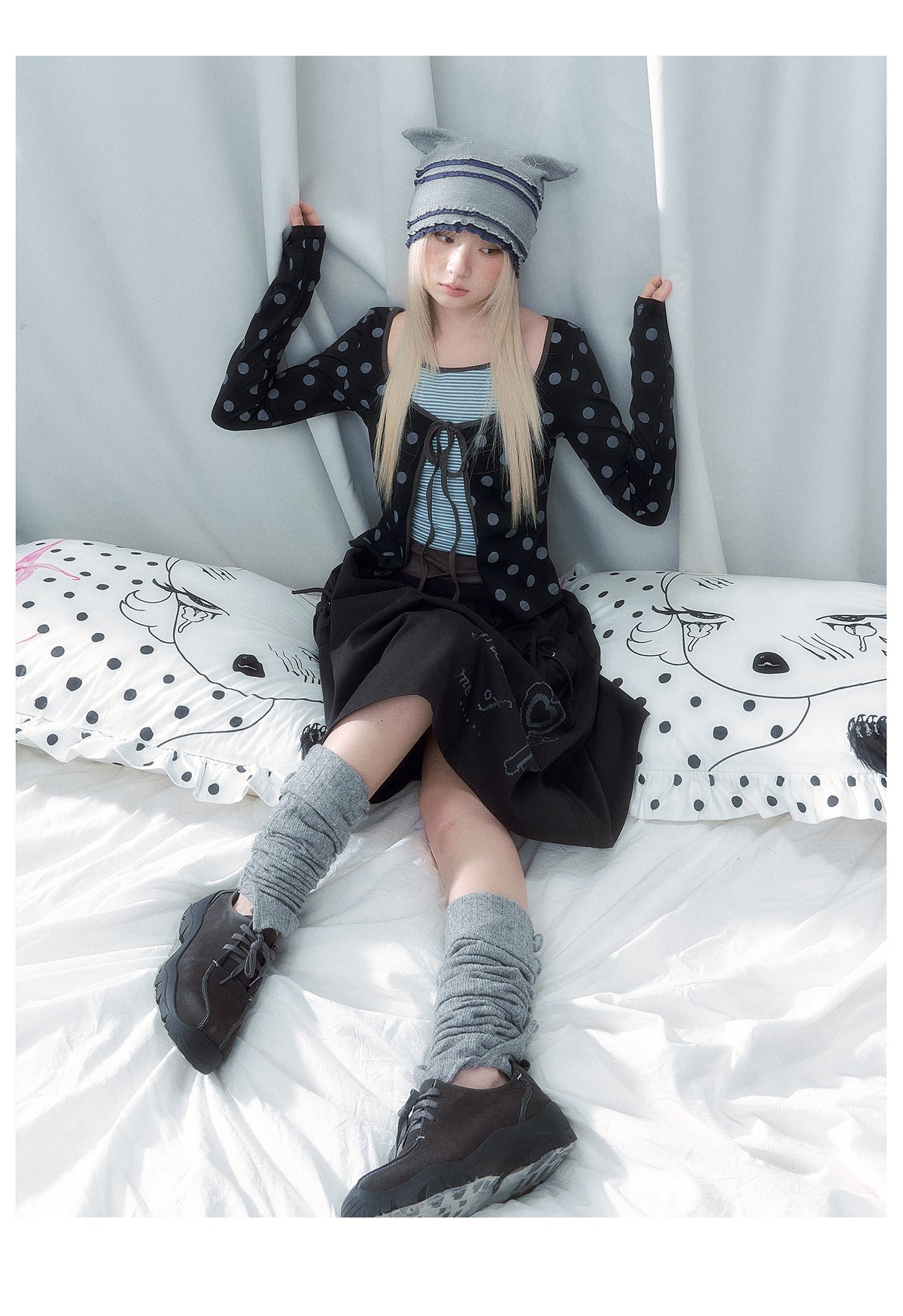 Polka Dot Tie-Front Layered Halter Long Sleeve Top