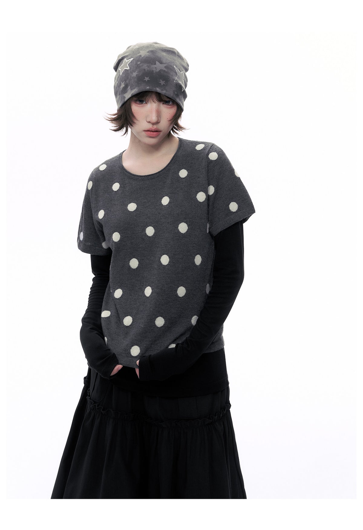 Polka Dot Wool-Blend Short Sleeve Knit Top