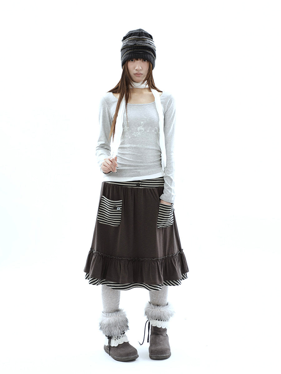 Music Note Striped Layered Long Sleeve Top with Scarf