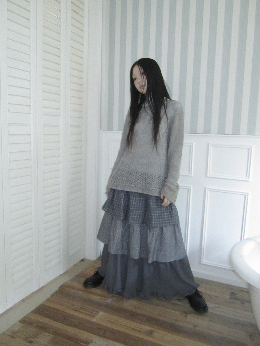 Layered Plaid & Polka Dot Tiered Maxi Skirt