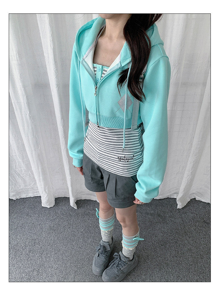Striped Cami & Cropped Zip Hoodie Two-Piece Set